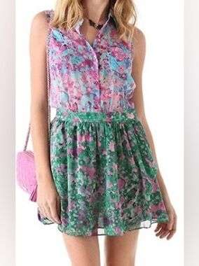 Gryphon Pink Blue Green Floral Mini Dress size small